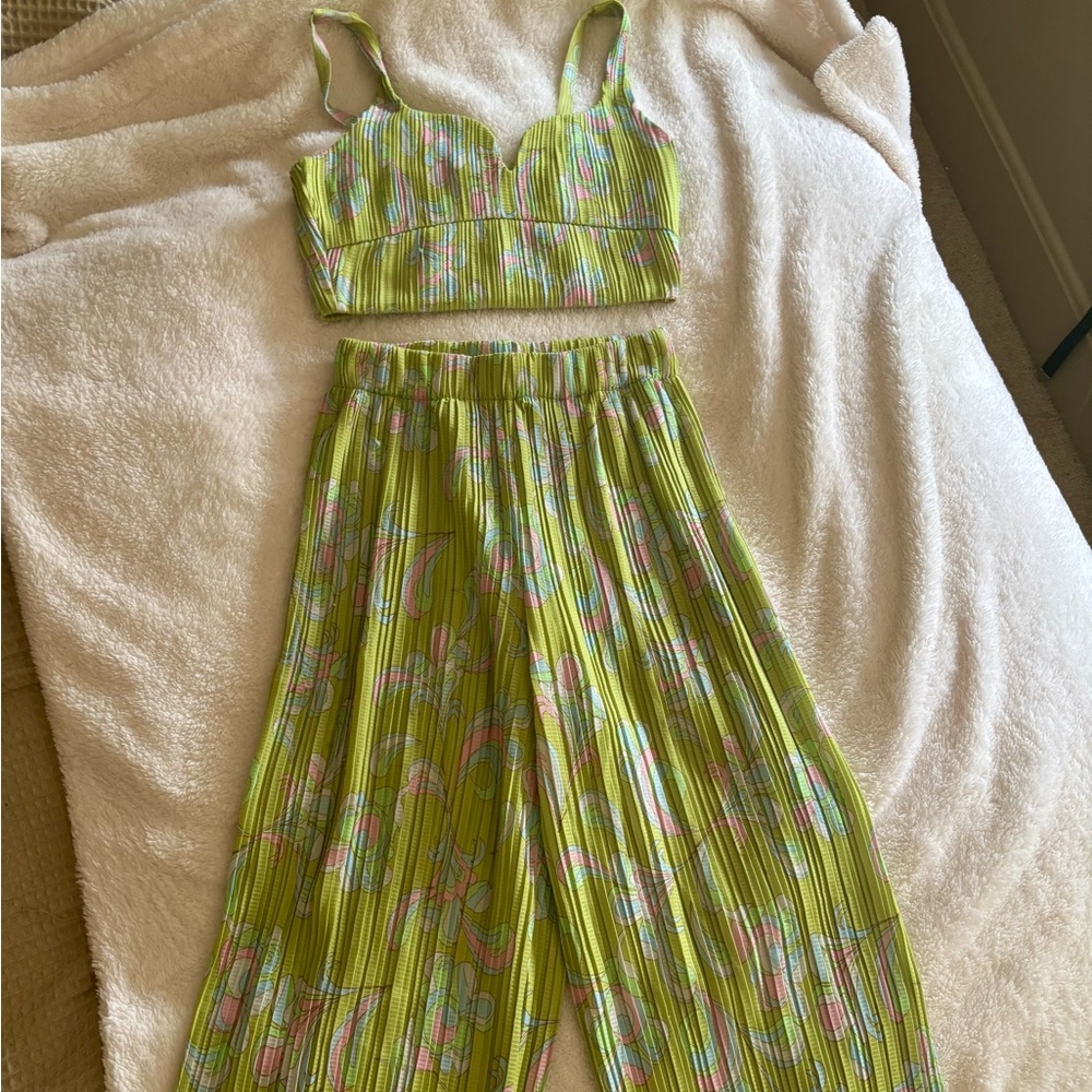 Zara Lime Green Floral Wide Leg pants set